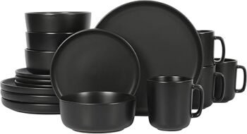 Gibson Home Zuma Stoneware Plates, Bowls, & Mugs Dinnerware Set - Matte Black, Service for Four (16pcs)