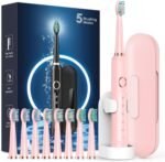M5 Sonic Electric Toothbrush for Adults - Rechargeable Electric Toothbrush with 8 Brush Heads & Travel Case, Power Electric Toothbrush with Holder, 3 Hours Charge for 120 Days - Pink